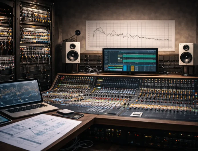 Studio professionnel dédié à l’ingénierie et à l’intégration acoustique, avec analyse de fréquences, monitoring et optimisation sonore.